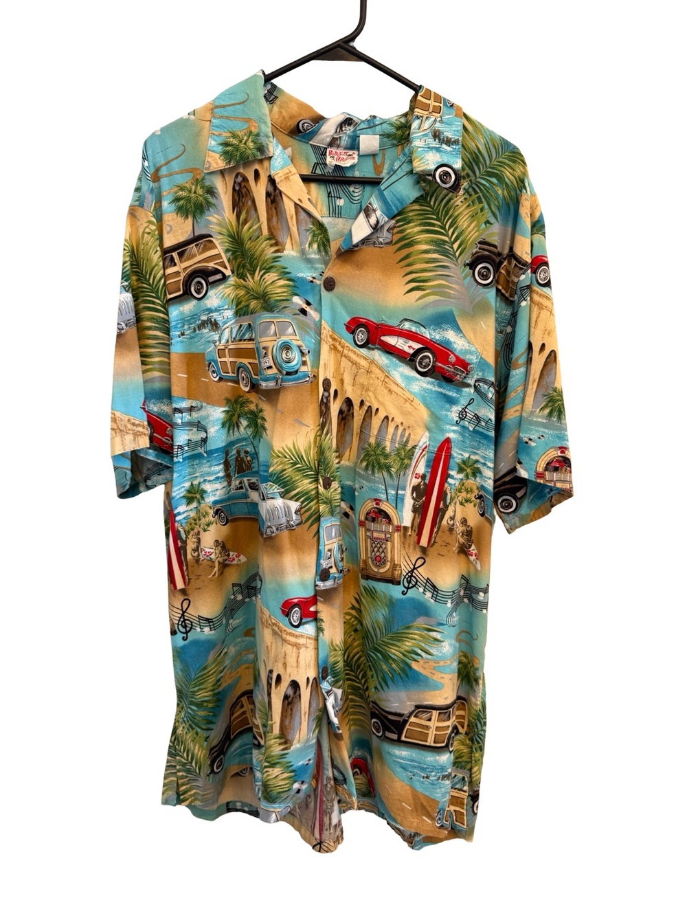 Vintage Barefoot In Paradise Hawaiian Camp Shirt 2XL Beach Cars Surf Music USA
